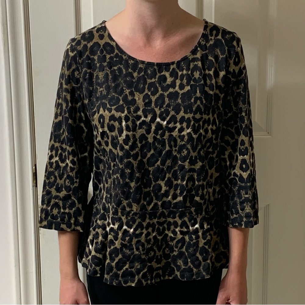 🌷3 for $25🌷Cleo Petites, US L, Brown & Black Leopard 3/4 Sleeve Peplum Top